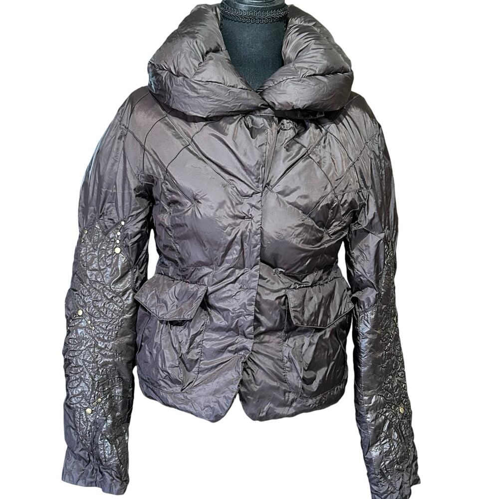 Johnny Was Biya Two Ten Five Embroidered Puffer Jacket Women Brown Studded Boho